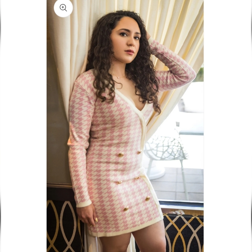Elegant Pink Houndstooth Women's Dress